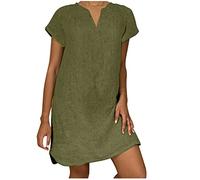 Women Summer Dresses UK Plus Size Cotton Linen Dress Short Sleeve Baggy Dress Solid Plain Midi Dresses Daliy Casual Linen Loose Dress Ladies Retro Dresses Women's Fashion Plus Size 8-22
