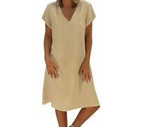 Women Summer Dresses UK Plus Size Cotton Linen Dress Short Sleeve Baggy Dress Solid Plain Midi Dresses Daliy Casual Linen Loose Dress Ladies Retro Dresses Women's Fashion Plus Size 8-22