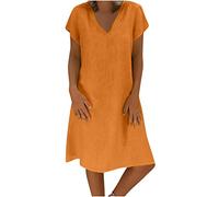 Women Summer Dresses UK Plus Size Cotton Linen Dress Short Sleeve Baggy Dress Solid Plain Midi Dresses Daliy Casual Linen Loose Dress Ladies Retro Dresses Women's Fashion Plus Size 8-22