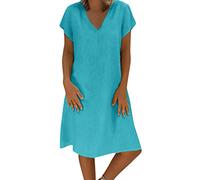 Women Summer Dresses UK Plus Size Cotton Linen Dress Short Sleeve Baggy Dress Solid Plain Midi Dresses Daliy Casual Linen Loose Dress Ladies Retro Dresses Women's Fashion Plus Size 8-22