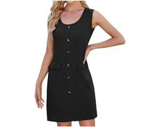 Women Summer Dresses UK Plus Size Waffle Knitted Tank Dress Sleeveless Crew Neck Mini Dress Solid Plain Tunic Dresses Daliy Casual Loose Dress Ladies Elegant Dresses Women's Fashion Black