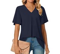 Women Summer Dressy Chiffon Blouse Ruffle Short Sleeve Tunic Pleated Tops Ladies Casual T-Shirts Classic Loose Tee Solid Work Office Shirt UK Sale