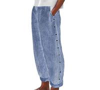 Women Summer Fashion Striped Print Button Casual Versatile Loose Nine Point Pants 3 Strip Leggings (Blue, M)