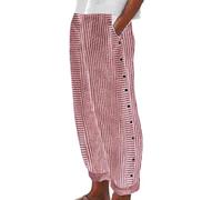 Women Summer Fashion Striped Print Button Casual Versatile Loose Nine Point Pants 3 Strip Leggings (Red, S)