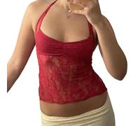 Women Summer Floral Lace Crop Tops Sleeveless Tie Up Lace Vest Tops Slim Fit Lace Sheer Mesh Tee-Shirt 90s Streetwear (A Red, S)