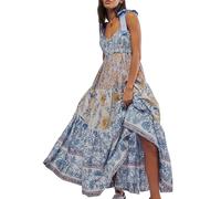 Women Summer Floral Spaghetti Strap Dress Flowy Smocked Tie Up Shoulder Boho Maxi Flowy Swing Dress Y2K Beach Sundress (A-Light Blue, S)