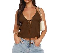 Women Summer Halterneck Tie Up Open Front Cami Lace Backless Sleeveless V Neck Crop Tank Top Y2K Aesthetics Crop Vest Top (A-Brown, S)
