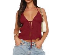 Women Summer Halterneck Tie Up Open Front Cami Lace Backless Sleeveless V Neck Crop Tank Top Y2K Aesthetics Crop Vest Top (A-Claret, L)