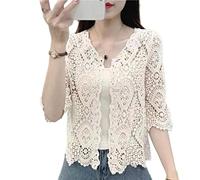 Women Summer Knitted Lace Shrug Boho Hollow Crochet Floral 3/4 Sleeves Open Front Cropped Cardigan Elegant Short Mesh Sweater Cover Up Outwear cotton kimono cardigans batwing sleeve solid colors