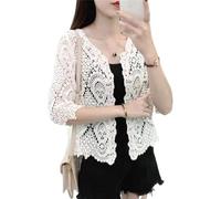 Women Summer Knitted Lace Shrug Boho Hollow Crochet Floral 3/4 Sleeves Open Front Cropped Cardigan Elegant Short Mesh Sweater Cover Up Outwear cotton kimono cardigans batwing sleeve solid colors