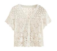 Women Summer Knitted Top Lace Shrug Shirts Boho Style Hollow Crochet T Shirt 3/4 Sleeve Open Front T-Shirts Mesh Sweater Cover Up V Neck Crop Top to Wear with Jeans Solid Plain Blouse 2026 White