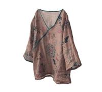 Women Summer Lightweight Blouse Vintage Floral Ramie V-Neck 3/4 Long Sleeve Wrap Tops, Brown, One Size