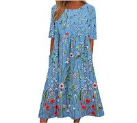 Women Summer Long Dress Ladies Boho Short Sleeve Casual Dresses Vintage Floral Print Elegant Dresses O-Neck Pleated Flowy Dresses Loose Fit Party Dress Holiday Office Casual Midi Dress with Pockets