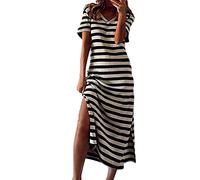 Women Summer Loose Fitting T-Shirt Beach Sun Dress Casual Short Sleeve Striped High Waist Side Slit Maxi Dresses(Khaki,Medium)