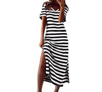 Women Summer Loose Fitting T-Shirt Beach Sun Dress Casual Short Sleeve Striped High Waist Side Slit Maxi Dresses (White, M)