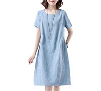 Women Summer Loose Pockets Korean Mini Clothing Short Sleeve Dresses Blue 3XL