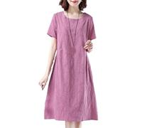 Women Summer Loose Pockets Korean Mini Clothing Short Sleeve Dresses Purple 3XL