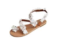 Women Summer Low Flat Heel Flip Flop Sandals Bride Bridesmaid Wedding Flats Sandal Toe Ring Lace Flowers Vintage Boho Summer Bohemia Sandals UK 7#02_White
