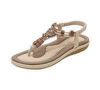 Women Summer Low Flat Heel Flip Flop Sandals Slip On Post Thong Boho Shoes with Rhinestone Roman Sandals Comfy Clip Toe Beach Sandals Elastic T-Strap Bohemia Slippers Anti Slip Shoe (44-Beige,6)