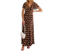 Women Summer Maxi Long Cocktail Polka Dot V Neck Flutter Sleeve Casual Dress, Brown, S