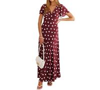 Women Summer Maxi Long Cocktail Polka Dot V Neck Flutter Sleeve Casual Dress, Burgundy, M