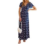 Women Summer Maxi Long Cocktail Polka Dot V Neck Flutter Sleeve Casual Dress, Navy, L