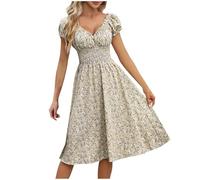 Women Summer Midi Dress Short Sleeve V-Neck Smocked Waist Casual Dresses Floral Print Boho Beach Holiday Dresses Ladies Elegant Flowy Swing Dress Party Office Vacation Sundress Gray