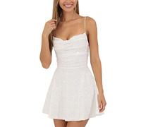 Women Summer Mini Sequin Dress - Sleeveless Backless Tie-Up A-Line Bodycon for Cocktail Party Prom (A-c-White, M)