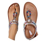 Women Summer Open Toe Flat Sandals Women's Beaded T Strap Sandals Colorful Gemstone Elastic Slingback Flat Sandal Toe Tights for Tan Size 5 (Silver,5)