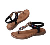 Women Summer Open Toe Flat Sandals Women's Beaded T Strap Sandals Colorful Gemstone Elastic Slingback Flat Sandal Toe Tights for Tan Size 5 (Black,5.)