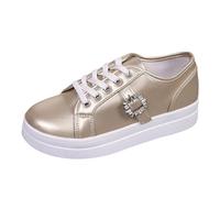 Women Summer Shoes Streewear Coll Trainers Versatile Plain Sneakers Faux-Leather Courts Shoes Simple Walking Trainers Lightweight Graceful Running Sneakers Comfy Spring Autumn Shoes (Gold, 7.5)