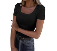 Women Summer Short Sleeve Tops Square Neck Ribbed Knit Slim Fitted Basic Shirts Casual Tee T-Shirt Ladies Solid Color Summer Tee Shirt Trendy Comfortable Crinkle Cotton Blouse Elegant (A1-Black, L)