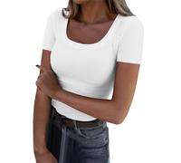 Women Summer Short Sleeve Tops Square Neck Ribbed Knit Slim Fitted Basic Shirts Casual Tee T-Shirt Ladies Solid Color Summer Tee Shirt Trendy Comfortable Crinkle Cotton Blouse Elegant (A1-White, XL)