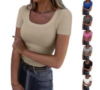 Women Summer Short Sleeve Tops Square Neck Ribbed Knit Slim Fitted Basic Shirts Casual Tee T-Shirt Ladies Solid Color Summer Tee Shirt Trendy Comfortable Crinkle Cotton Blouse Elegant (A1-Beige, M)