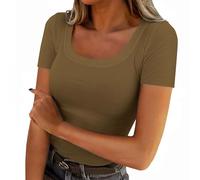 Women Summer Short Sleeve Tops Square Neck Ribbed Knit Slim Fitted Basic Shirts Casual Tee T-Shirt Ladies Solid Color Summer Tee Shirt Trendy Comfortable Crinkle Cotton Blouse Elegant (A2-Khaki, XXXL)
