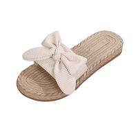 Women Summer Slippers Women Sparkly Sandals Slides Leisure Roman Bow Tie Women's Solid Color Weave Summer Non Slip Slip On Flat Beach Open Toe Breathable Black Sliders Clogs Womens (Beige, 6.5)