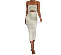 Women Summer Strapless Knitted Long Dress Off Shoulder Solid/Striped Cutout Midi Dress Bodycon Backless Beach Sun Dresses Ladies Sexy Co Ord Set Crop/Tank/Tube Top + Maxi Skirt Y2k Outfits