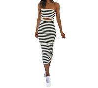Women Summer Strapless Knitted Long Dress Off Shoulder Solid/Striped Cutout Midi Dress Bodycon Backless Beach Sun Dresses Ladies Sexy Co Ord Set Crop/Tank/Tube Top + Maxi Skirt Y2k Outfits Black