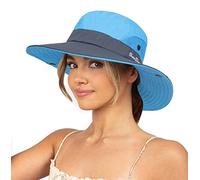 Women Summer Sun Hat UV Protection Wide Brim Mesh Beach Hat Fishing Hat with Ponytail Hole Foldable Hat, blue, M