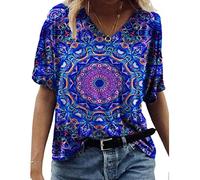 Women Summer Tops 3D Abstract Print T Shirt V Neck Loose Blouse Bright Colors Tee Dark Blue