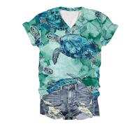 Women Summer Tops UK Clearance Special Ocean Marine Organisms Printed Short Sleeved V Neck Fashion T-Shirt Turtle Pattern Tops Casual Loose Pullover Blouses Comforty Tees for Beach Holiday Daily
