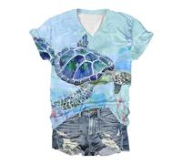 Women Summer Tops UK Clearance Special Ocean Marine Organisms Printed Short Sleeved V Neck Fashion T-Shirt Turtle Pattern Tops Casual Loose Pullover Blouses Comforty Tees for Beach Holiday Daily