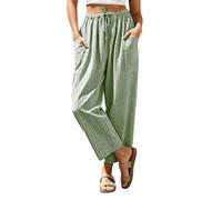 Women Summer Trousers Linen Look Stripe Wide Leg Trouser High Waisted Relaxed Casual Pants with Pockets Baggy Straight Leg Joggers Lightweight Pull On Bottoms for Beach Holiday Office