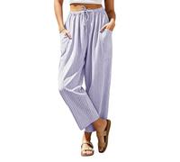 Women Summer Trousers Linen Look Stripe Wide Leg Trouser High Waisted Relaxed Casual Pants with Pockets Baggy Straight Leg Joggers Lightweight Pull On Bottoms for Beach Holiday Office