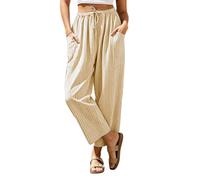 Women Summer Trousers Linen Look Stripe Wide Leg Trouser High Waisted Relaxed Casual Pants with Pockets Baggy Straight Leg Joggers Lightweight Pull On Bottoms for Beach Holiday Office