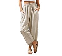 Women Summer Trousers Linen Look Stripe Wide Leg Trouser High Waisted Relaxed Casual Pants with Pockets Baggy Straight Leg Joggers Lightweight Pull On Bottoms for Beach Holiday Office