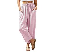 Women Summer Trousers Linen Look Stripe Wide Leg Trouser High Waisted Relaxed Casual Pants with Pockets Baggy Straight Leg Joggers Lightweight Pull On Bottoms for Beach Holiday Office