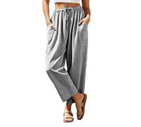 Women Summer Trousers Linen Look Stripe Wide Leg Trouser High Waisted Relaxed Casual Pants with Pockets Baggy Straight Leg Joggers Lightweight Pull On Bottoms for Beach Holiday Office