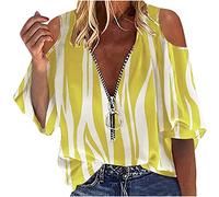 Women Summer Tshirt Tops Sexy Cold Shoulder Zipper Pullover Blouse, Ladies Top Sale Plus Size Ruffle Half Sleeve Print Shirts Y2k Cute Elegant Tees Dressy Party Evening Club T-Shirts UK