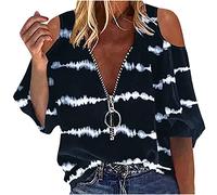 Women Summer Tshirt Tops Sexy Cold Shoulder Zipper Pullover Blouse, Ladies Top Sale Plus Size Ruffle Half Sleeve Print Shirts Y2k Cute Elegant Tees Dressy Party Evening Club T-Shirts UK